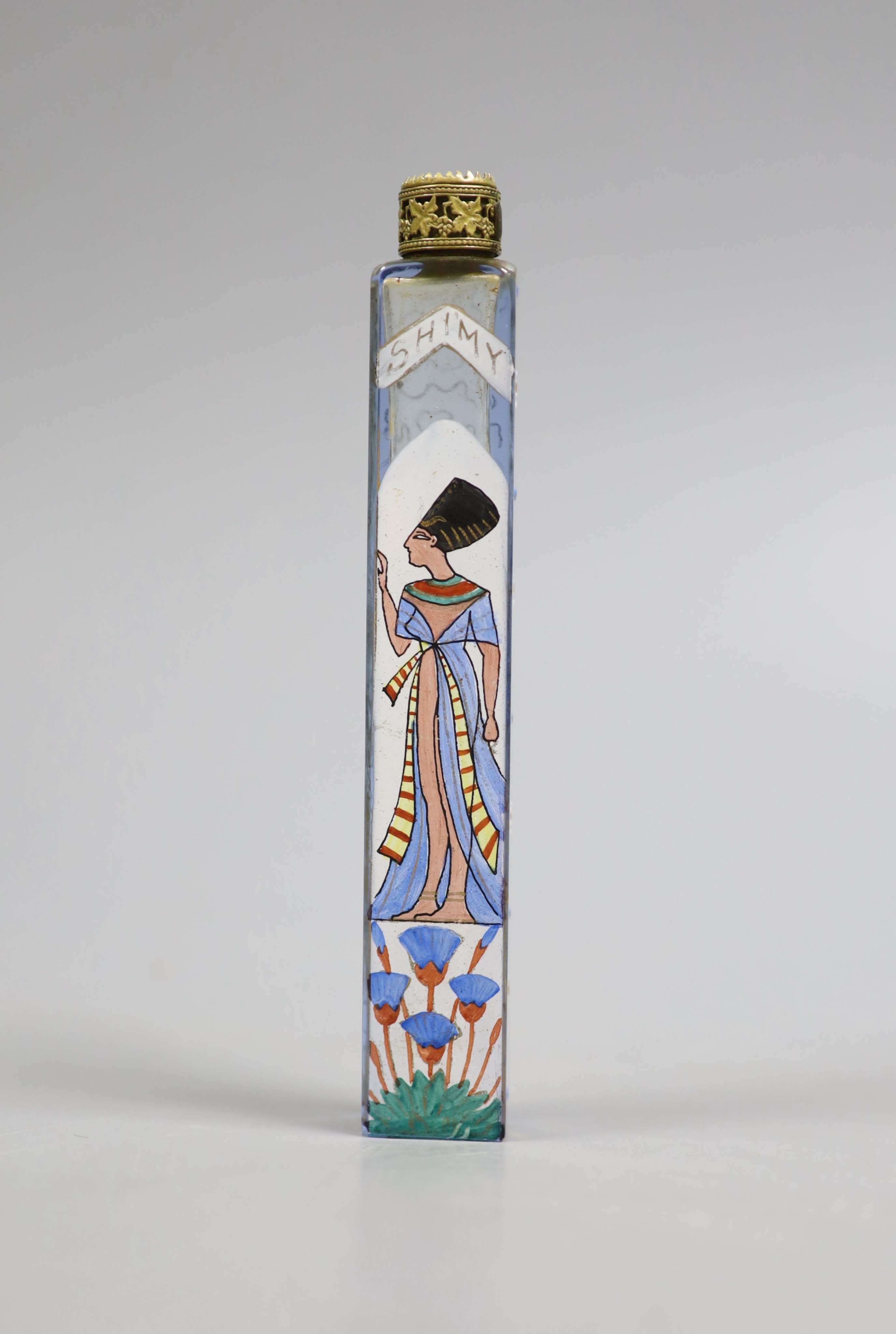 A Shimy Bros. Artistic Perfumers, Egypt enamelled glass scent bottle, 14.2 cm